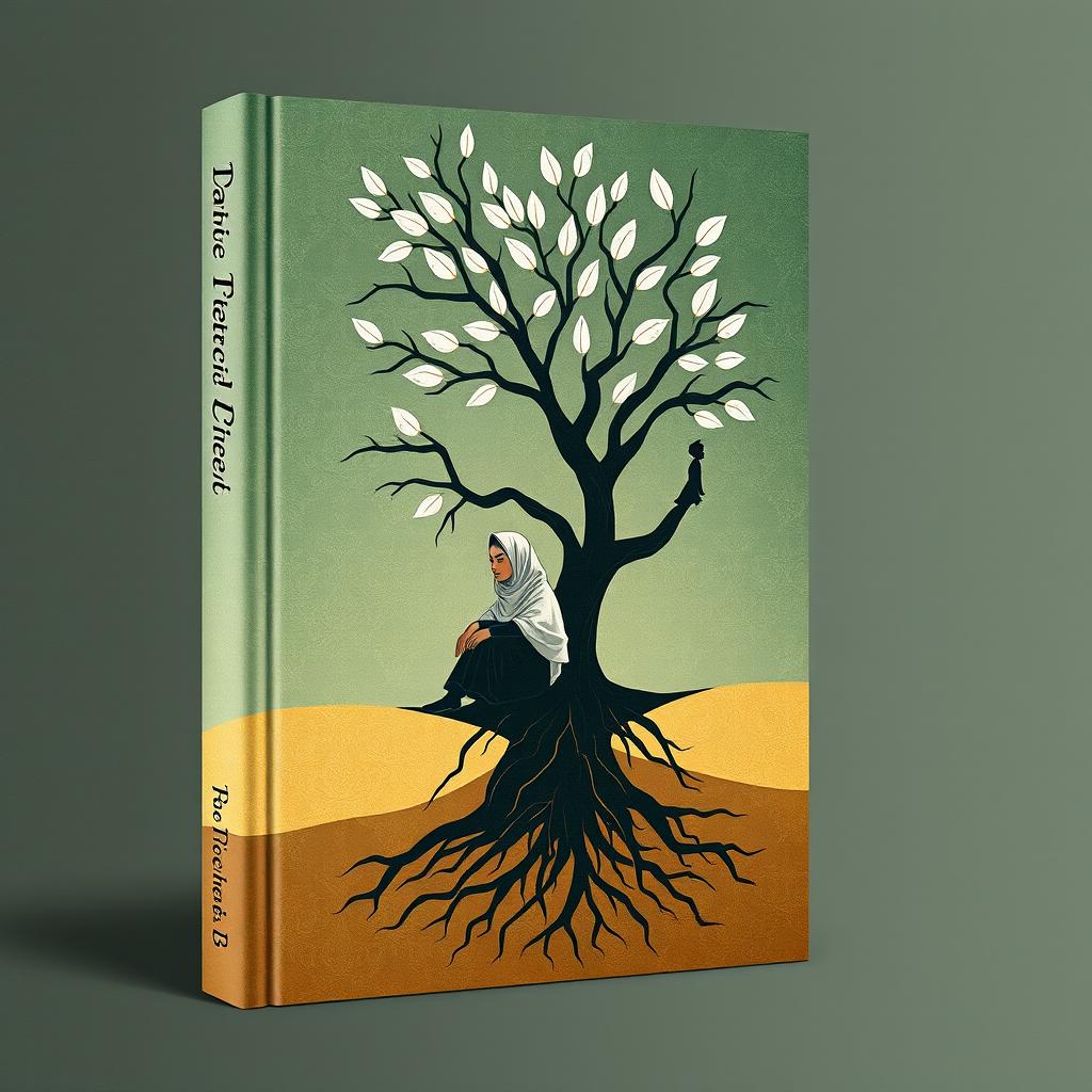 A minimalist book cover design featuring a stylized Muslim woman emerging from an inverted Tree of Life, with its roots extending downward