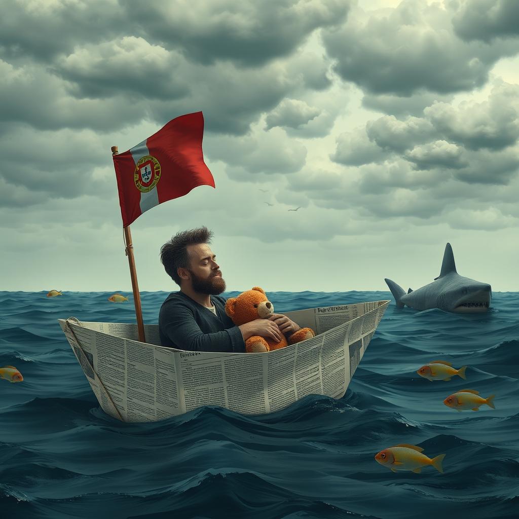 A melancholic scene depicting a man with a beard, sitting in a paper boat made of newspaper, flying a Portuguese flag