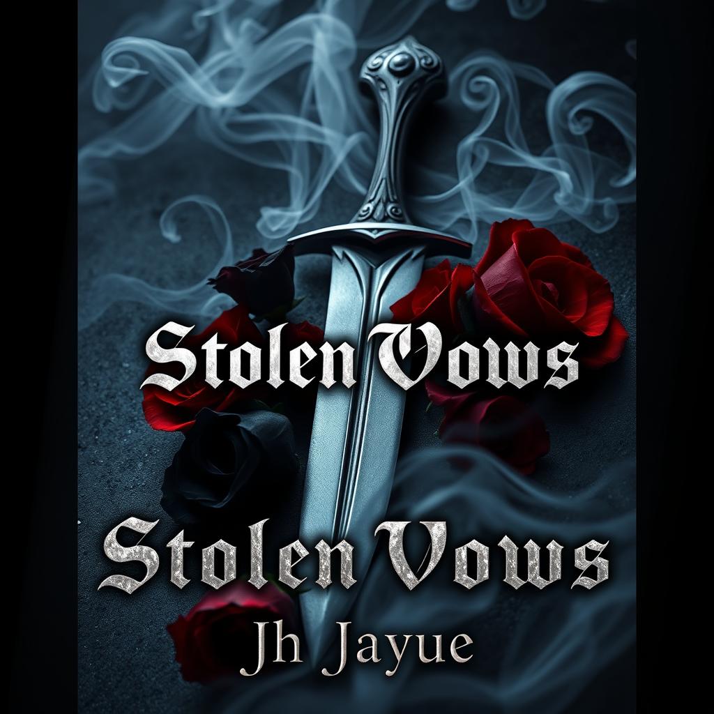 A dark fantasy book cover featuring a silver dagger embedded into a surface, adorned with dark red and black roses