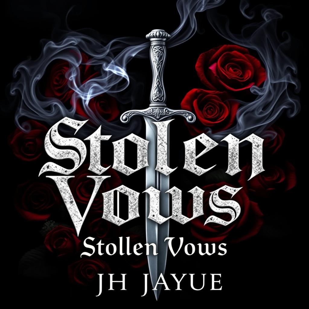 A dark fantasy book cover featuring a striking silver dagger with intricate designs, surrounded by dark red and black roses