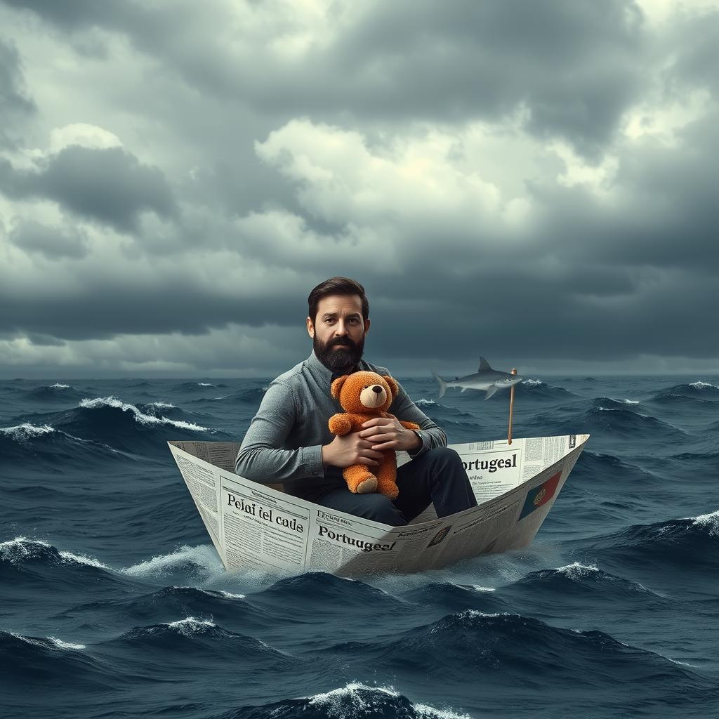 A surreal photographic montage depicting a gray and stormy day with many clouds