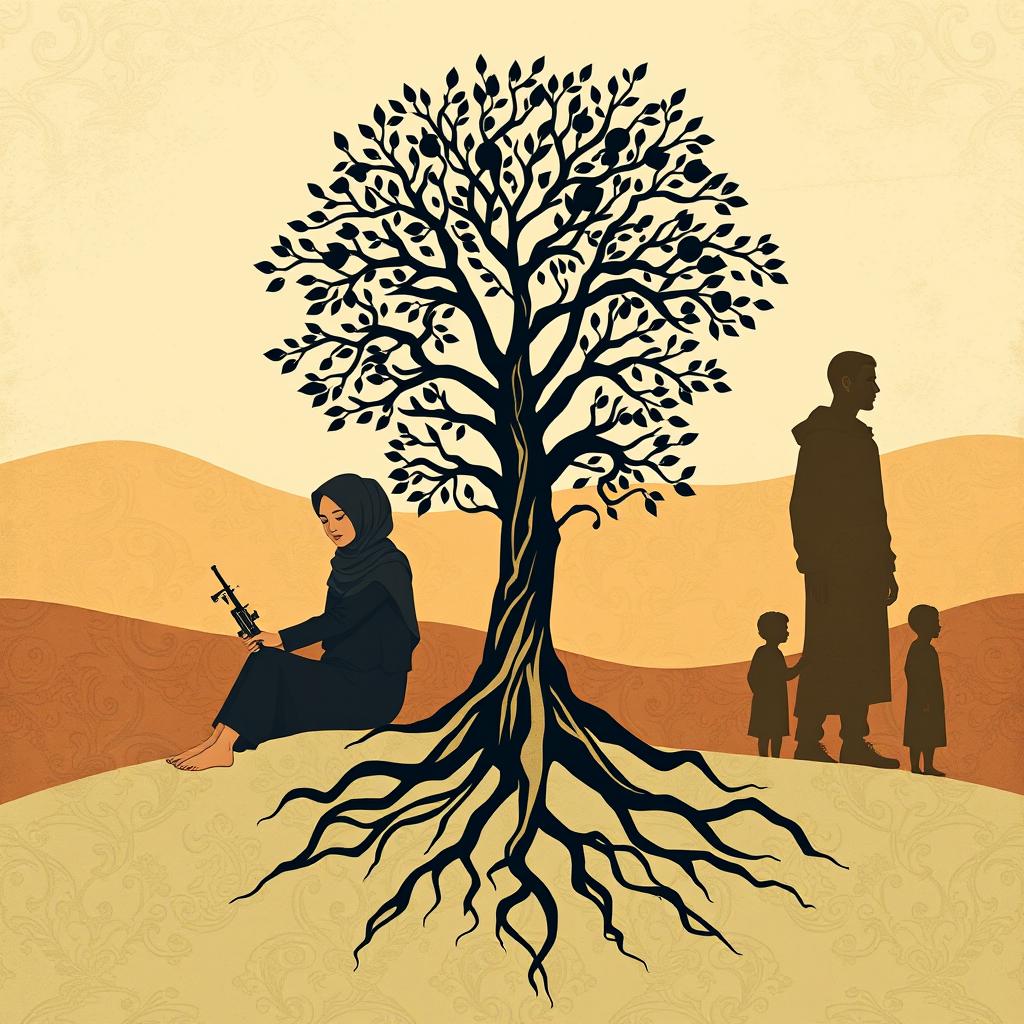 A novel cover design featuring a stylized Muslim woman emerging from a Tree of Life, depicted with the tree inverted to represent her roots