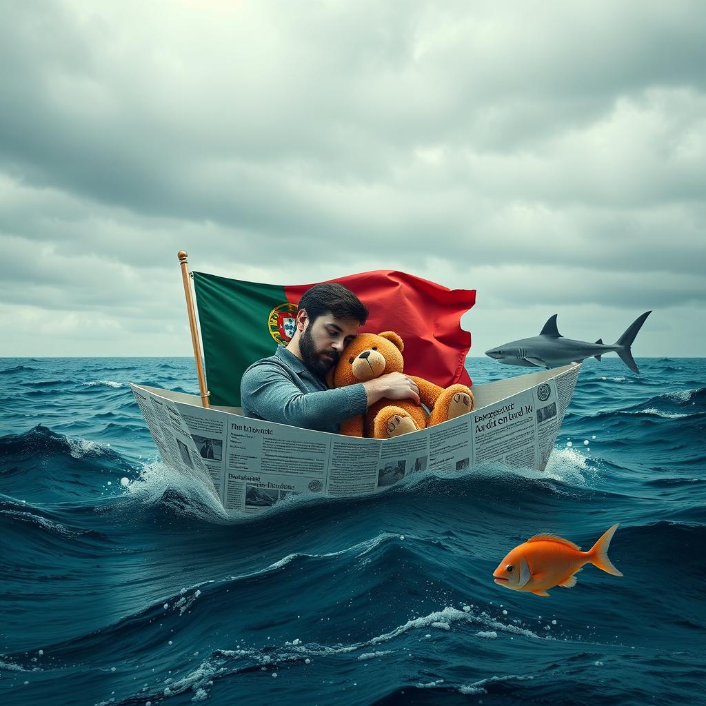 A surreal photomontage featuring a gray and cloudy day filled with sadness