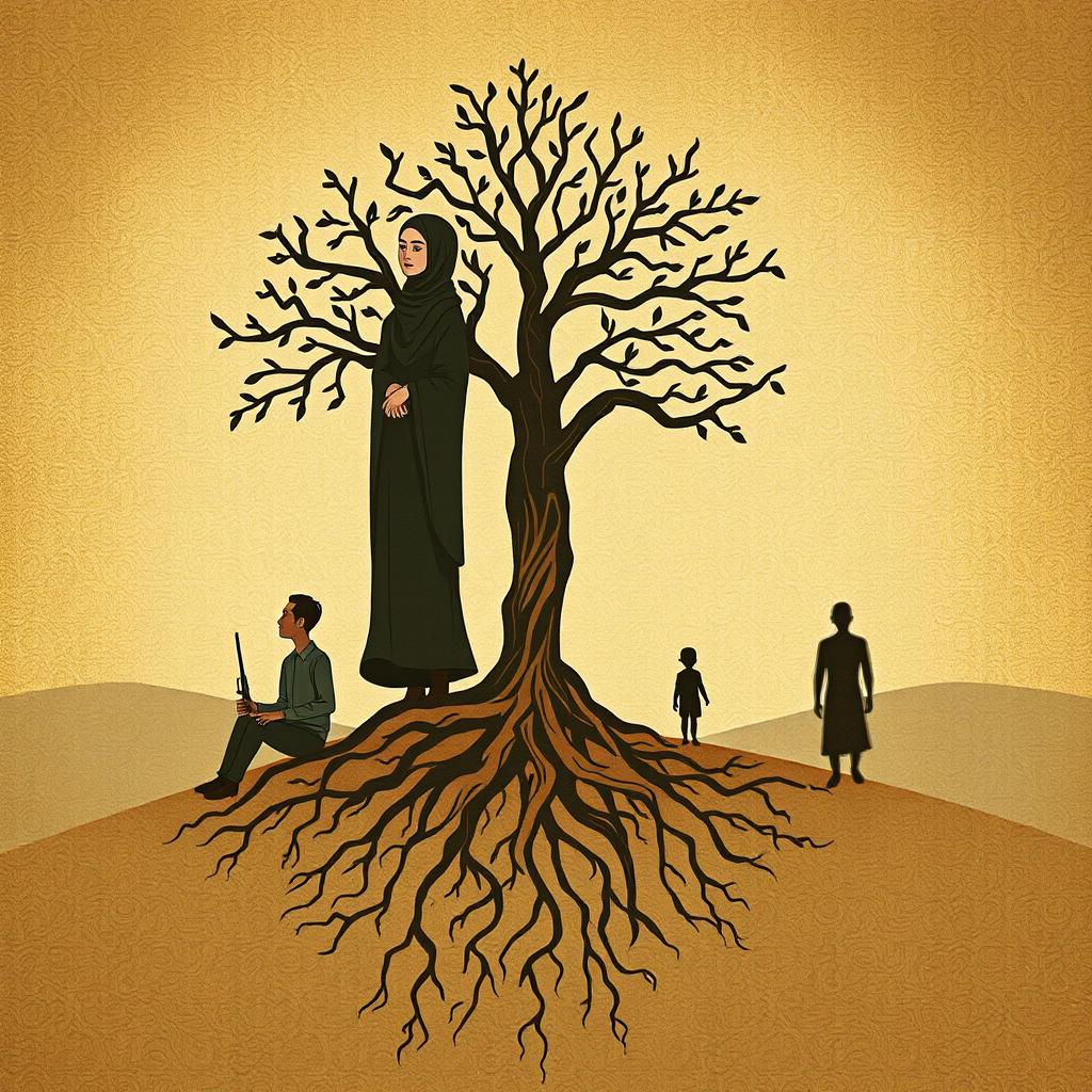 A novel cover design featuring a stylized Muslim woman standing on an inverted Tree of Life, which represents her roots