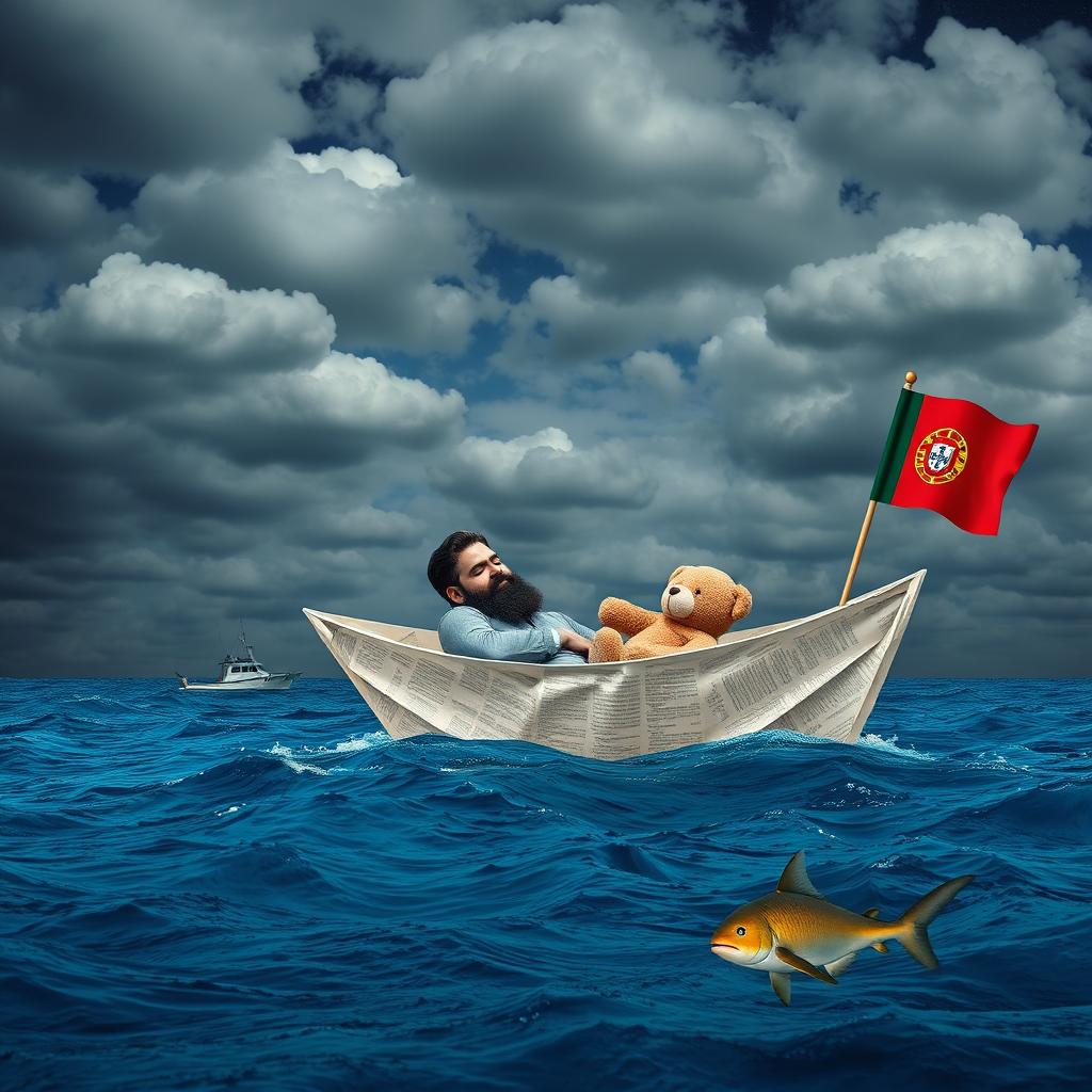 A photomontage depicting a melancholic night sky filled with many grey clouds, featuring a man with a beard sitting in a boat made of paper created from newspaper leaves