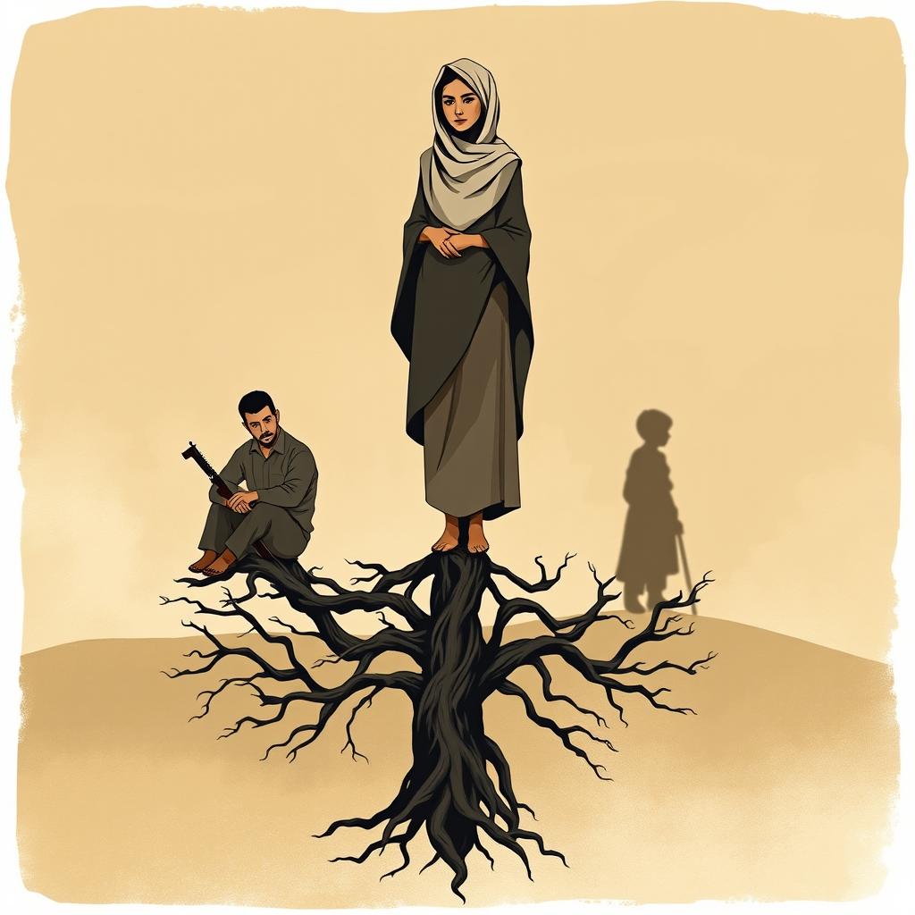 A novel cover design featuring a stylized Muslim woman standing on an inverted Tree of Life, symbolizing her roots