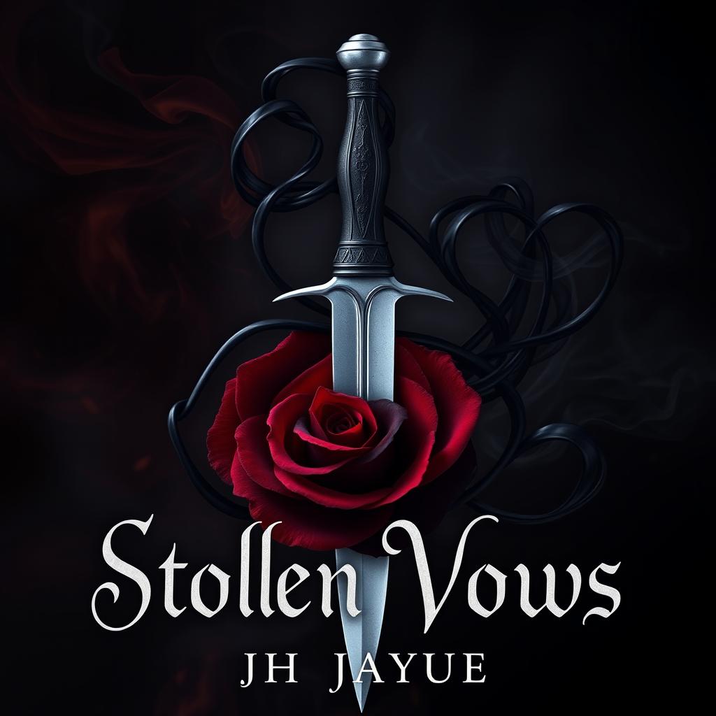 A dark fantasy book cover for 'Stolen Vows' by JH Jayue, featuring a silver dagger as the central focal point, symbolizing secrecy, danger, and betrayal