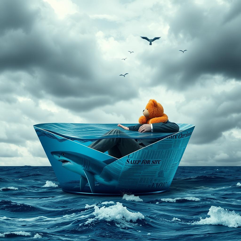 A surreal photographic montage depicting a gloomy day with many gray clouds in the sky