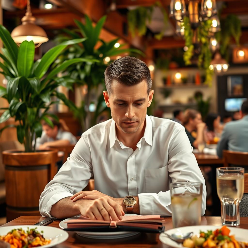 A man wearing a crisp white shirt sitting at a table in a vibrant restaurant setting