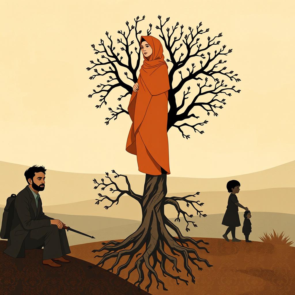 A novel cover design featuring a stylized Muslim woman standing clearly on an inverted Tree of Life, which symbolizes her roots