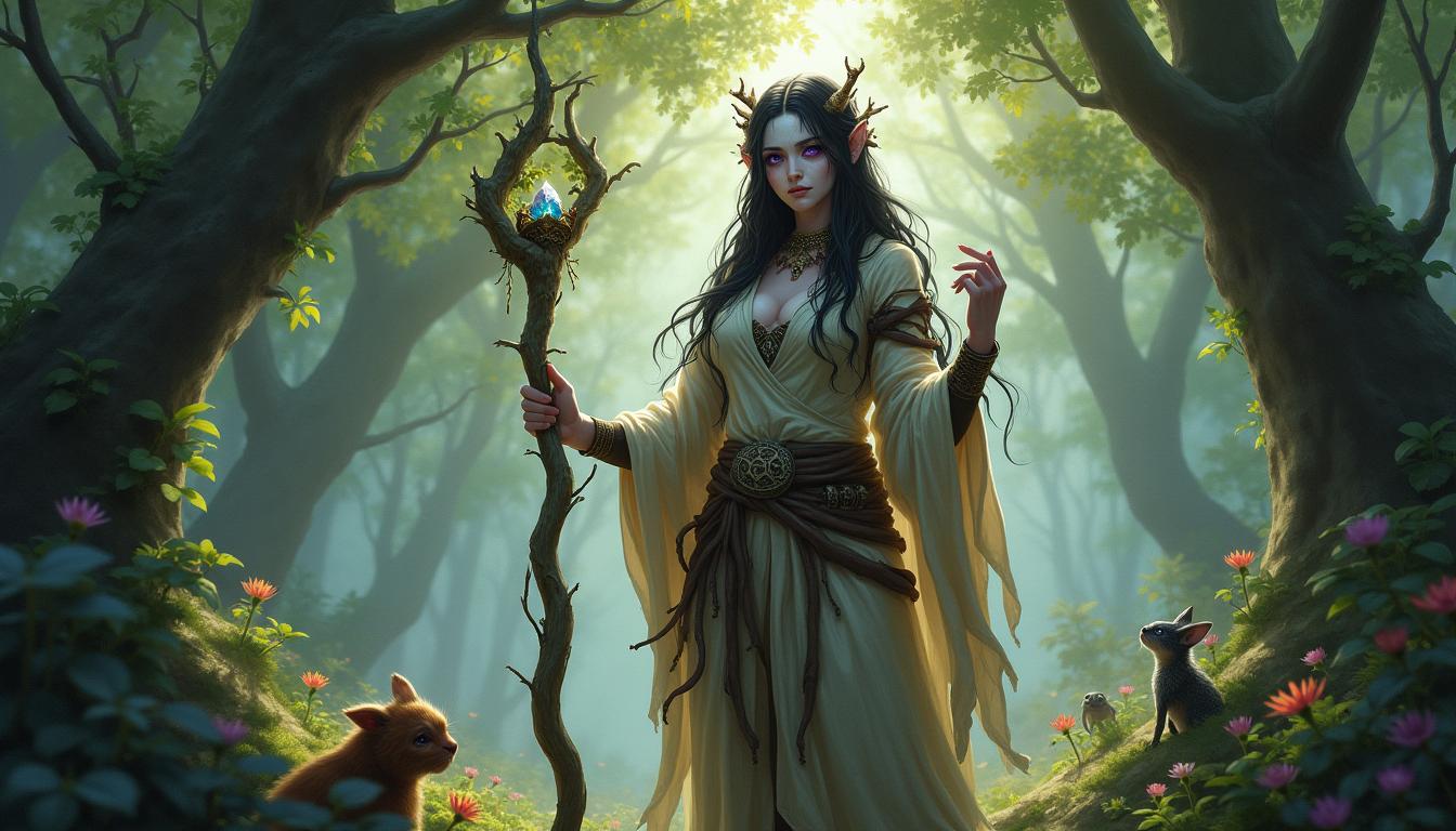 A mystical female Shadar-kai Druid standing confidently in an enchanted forest