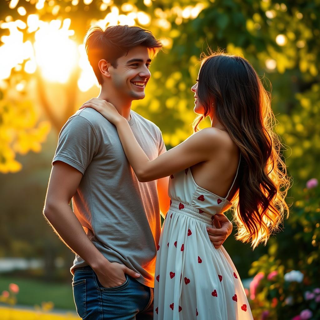 A romantic scene featuring a young couple in a warm, affectionate embrace