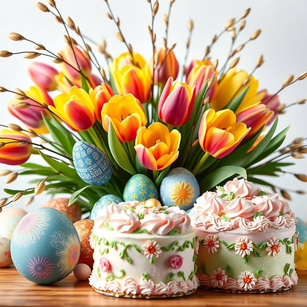 A beautiful bright bouquet of flowers featuring vibrant tulips and delicate willow branches