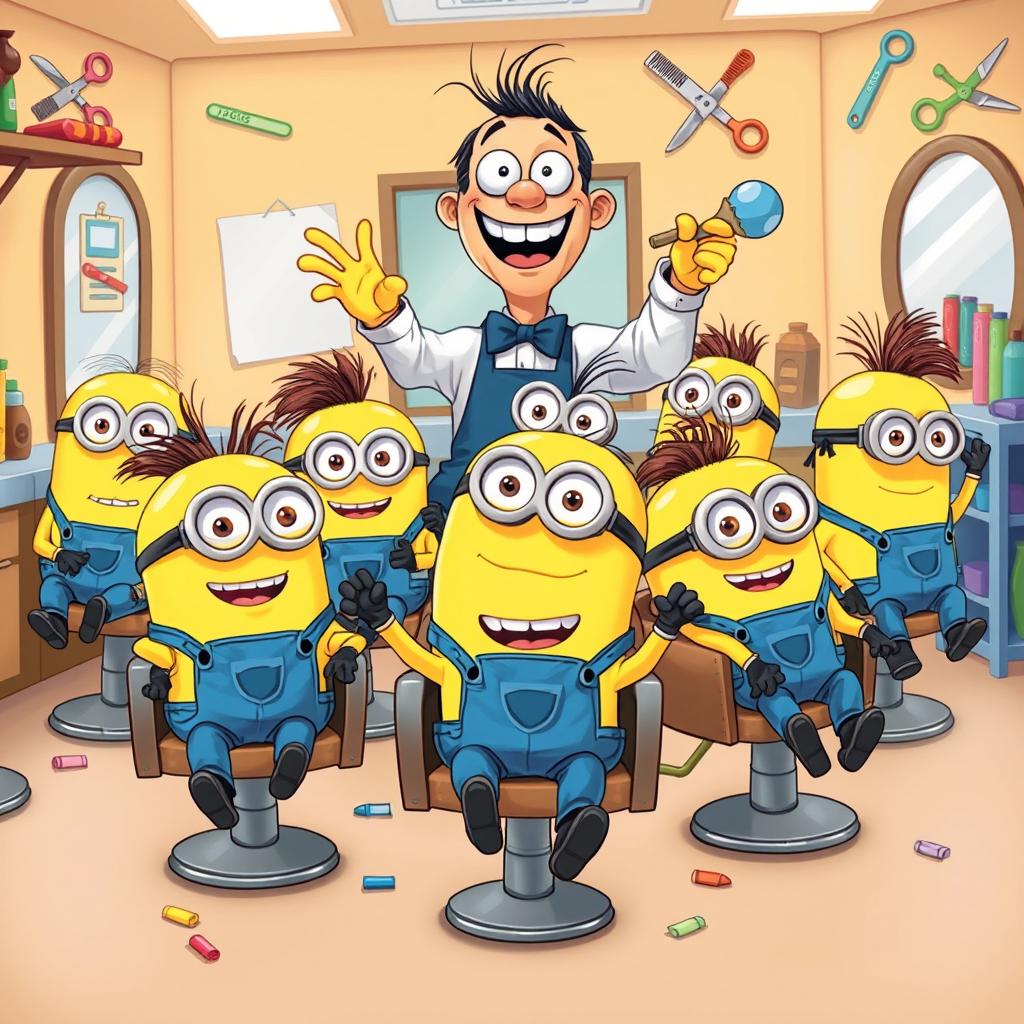 A cheerful scene depicting a group of cute, cartoonish Minions sitting in barber chairs, each getting a quirky and fun haircut