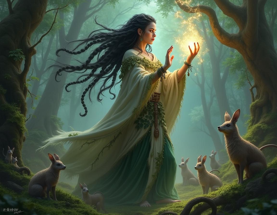 A female Shadar-kai Druid in a mystical forest setting, casting a powerful spell
