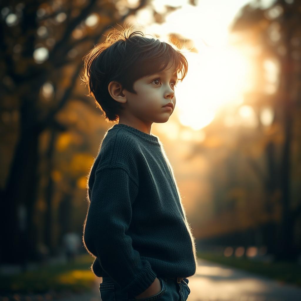 A melancholy scene capturing a boy standing alone, gazing wistfully off to the side, his expression filled with longing as he misses a girl who is just out of frame, creating an emotional connection