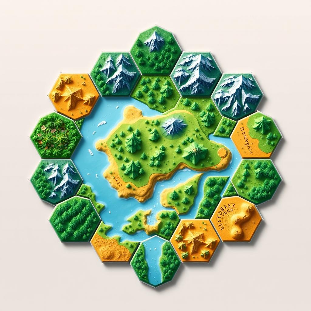 A beautifully designed hexagonal map template filled with vibrant and diverse hexagons representing different terrains, such as forests, mountains, rivers, and plains