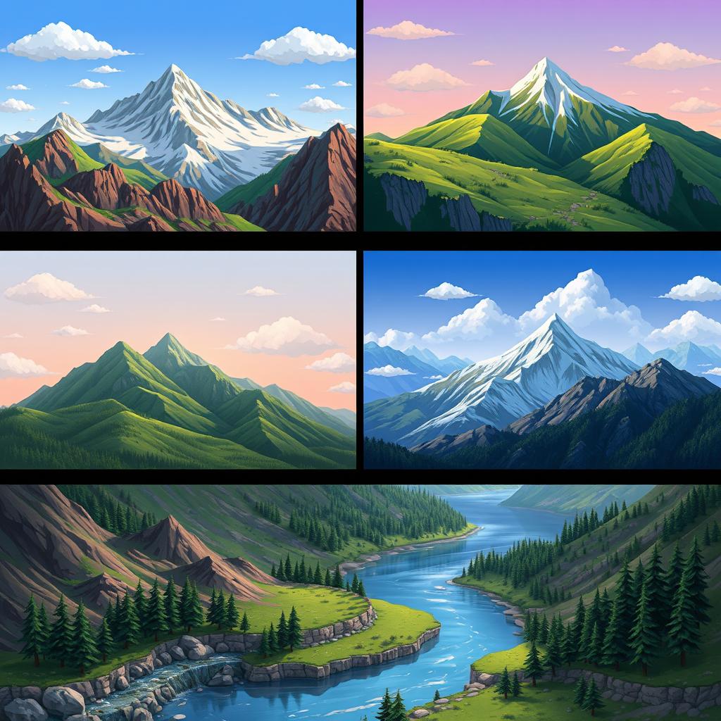 A collection of RPG Maker mountain assets featuring various styles of mountainous terrain, including rugged cliffs, smooth hills, and snow-capped peaks