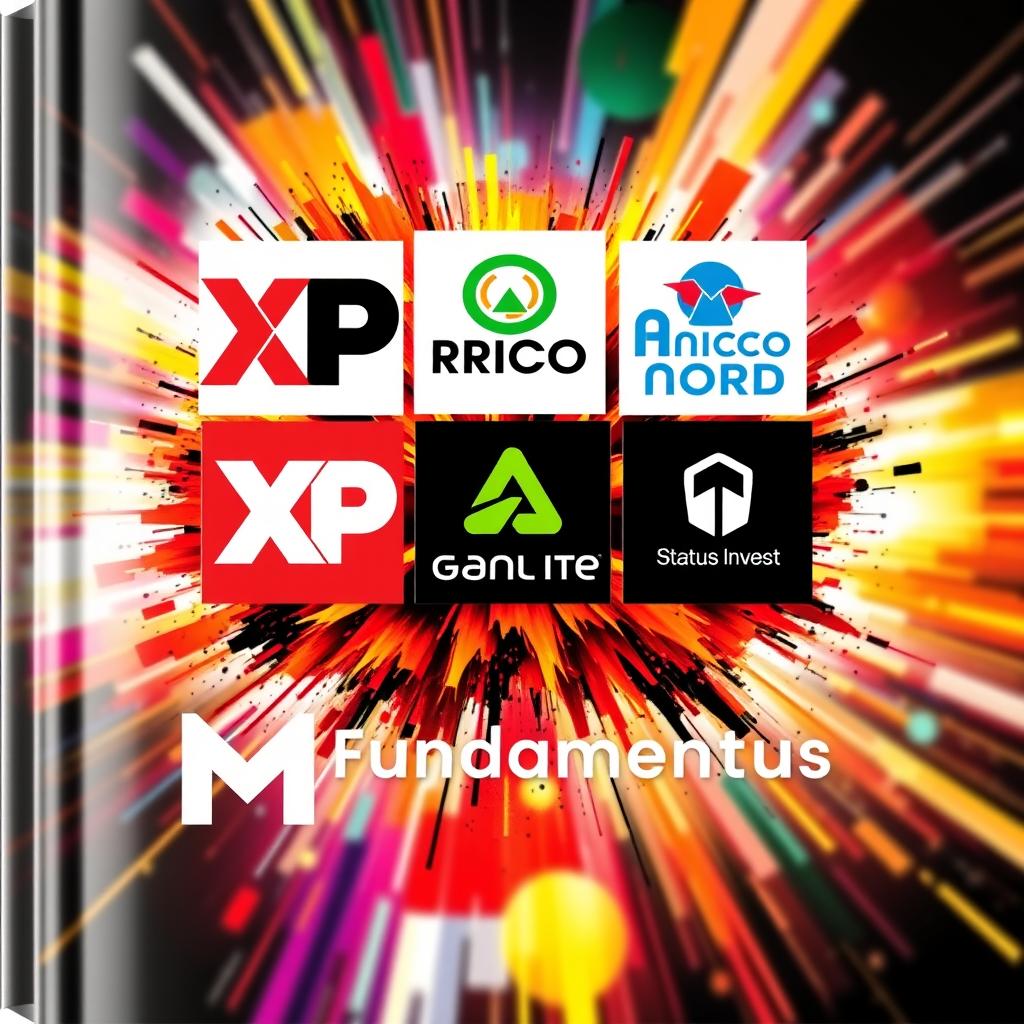 A dynamic and vibrant cover design featuring the logos of XP, Rico, Avenue, Nord, Status Invest, and Fundamentus, all combined and blended together in an explosive effect