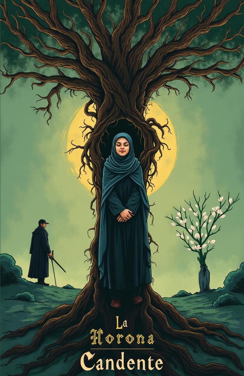 A book cover for 'La Corona Candente', depicting a Muslim woman emerging from an inverted Tree of Life with roots above and crown below