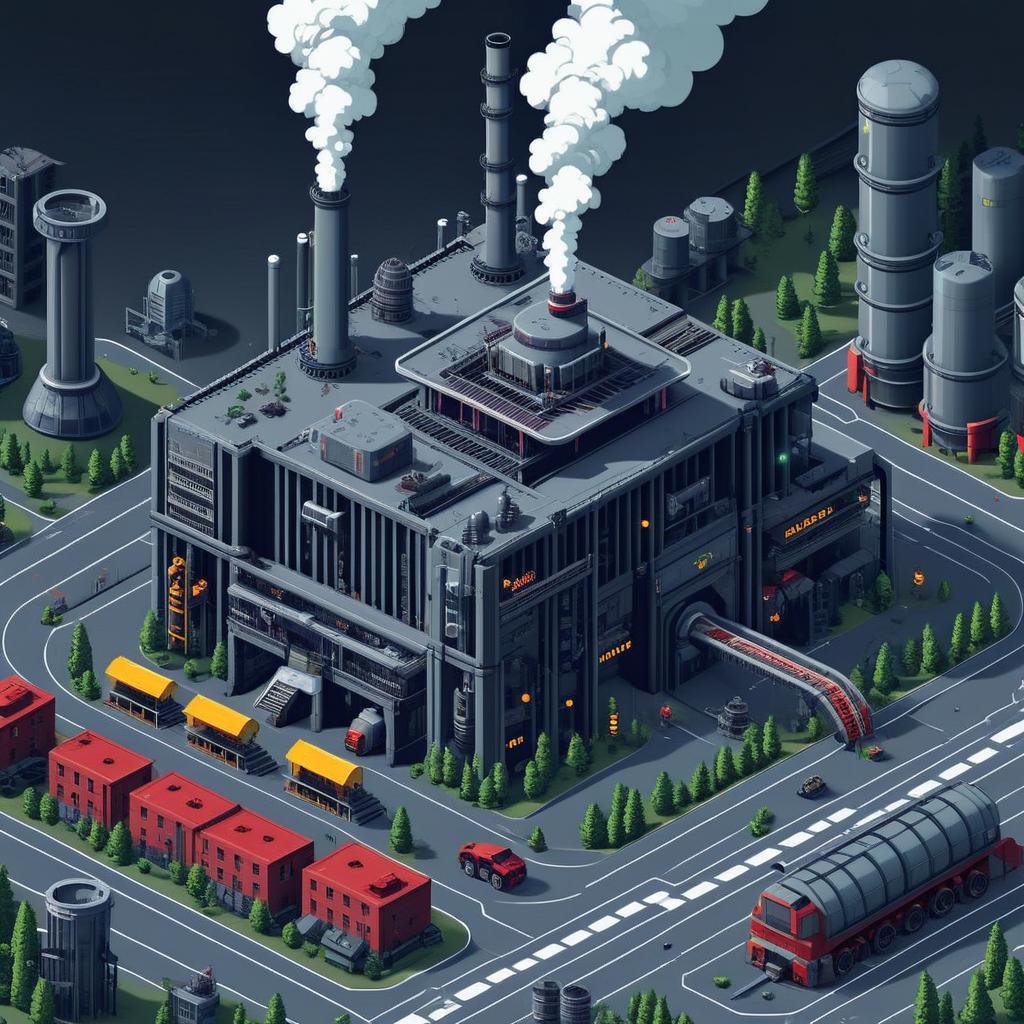 futuristic cyberpunk steam punk city focused on ore refinery, big central government building, a residential district, an industrial district, pixel art style
