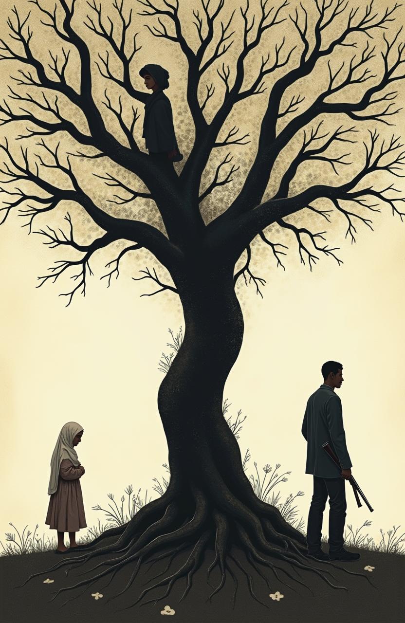 A book cover for a historical-autobiographical novel set in southern Syria (Sweida), depicting a Muslim woman emerging from an inverted Tree of Life where the roots are above and the ground represents the crown of the tree