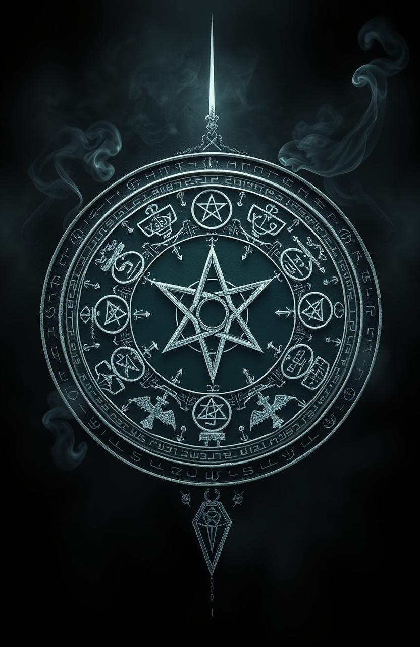 An intricate design featuring a large circle in the center, filled with various mystical symbols associated with exorcism, such as pentagrams, crosses, and ancient runes