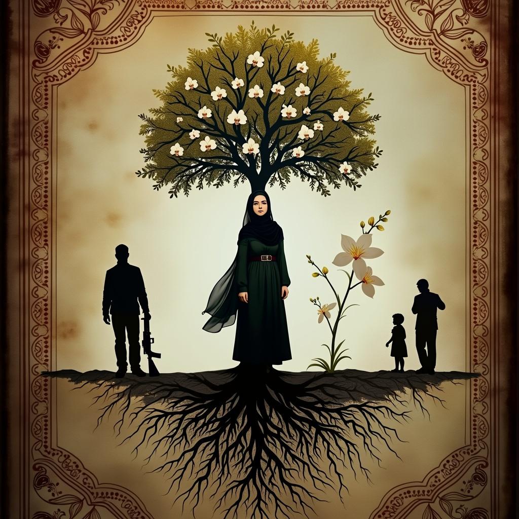 A book cover for a historical-autobiographical novel set in southern Syria (Sweida), featuring a Muslim woman prominently in the center