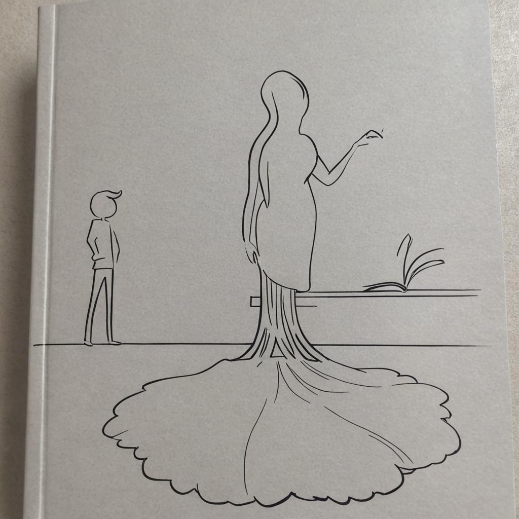 Crea una cubierta de libro para una novela de drama histórico-autobiográfico del sur de Siria (Sweida) con una mujer drusa parada en el centro, no se le ve la cara, debajo de ella hay un árbol de la vida invertido (raíces arriba, el suelo es la copa del arbol), un hombre druso sentado con un arma en la mano y un niño al fondo, al otro costado. Usa texturas de tela damascena o seda.