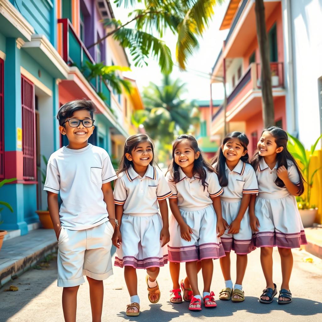 A cheerful scene depicting two boys wearing spectacles and white shorts with white t-shirts, alongside five girls dressed in traditional Sri Lankan school uniforms