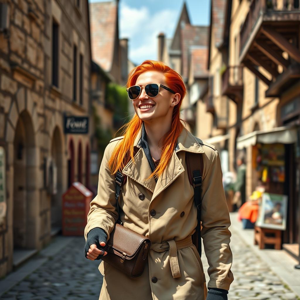 An androgynous person with long, vibrant orange hair is walking through a picturesque small medieval town, radiating a sense of adventure