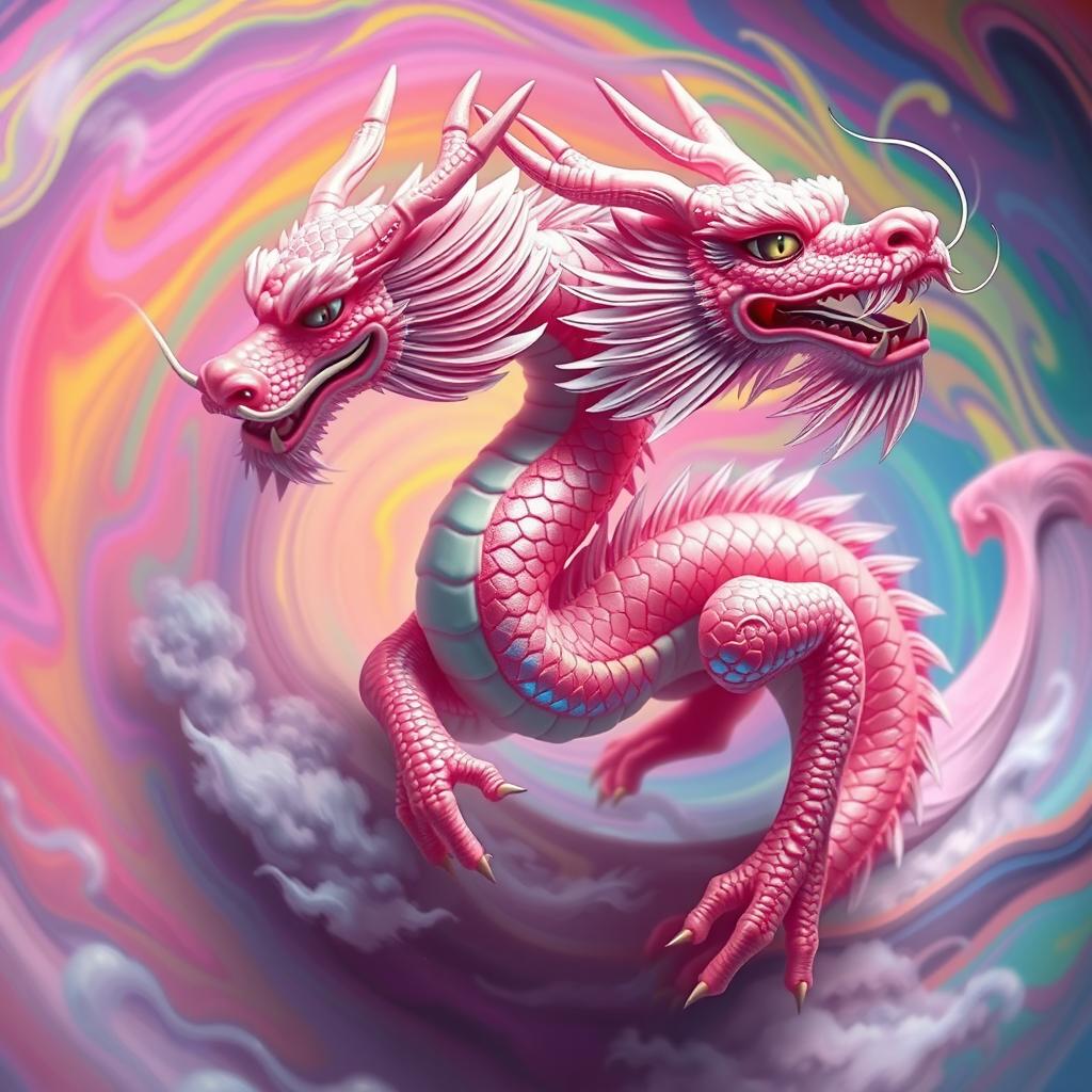 A realistic, beautiful, and graceful pink Chinese dragon in motion, showcasing iridescent rainbow scales