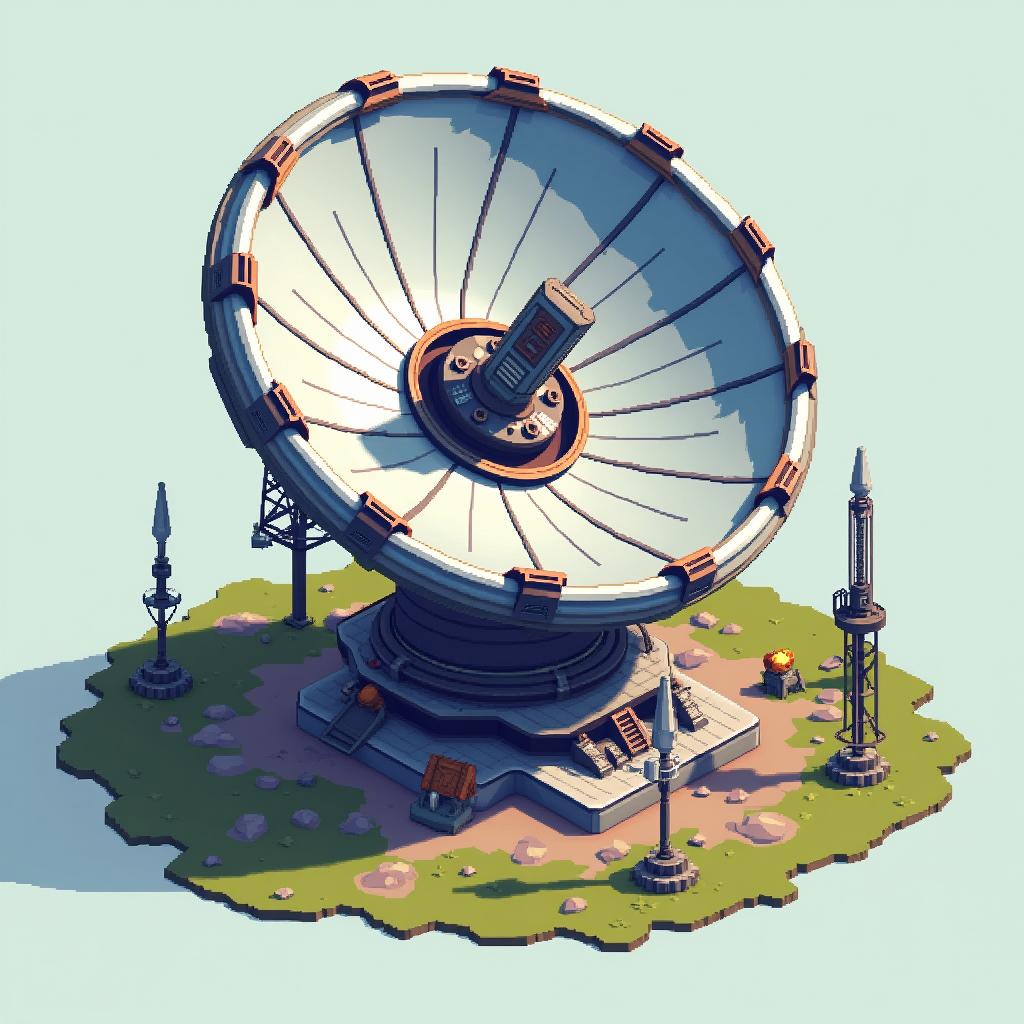 A pixel art style illustration of a futuristic standalone satellite dish viewed from a top-down perspective