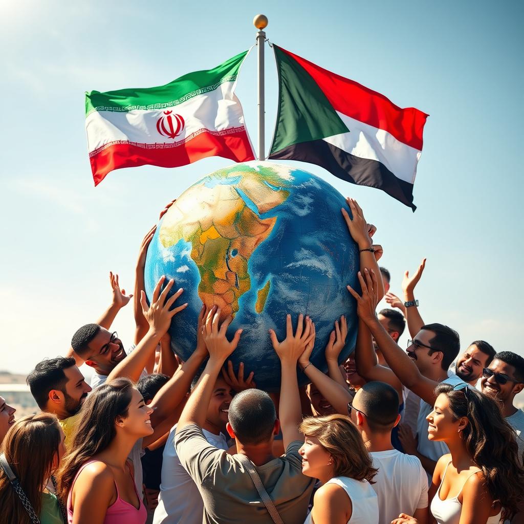 A vibrant and joyful scene depicting the allegory of the globe in the center, surrounded by people of various ethnicities and nationalities, each showcasing different skin colors