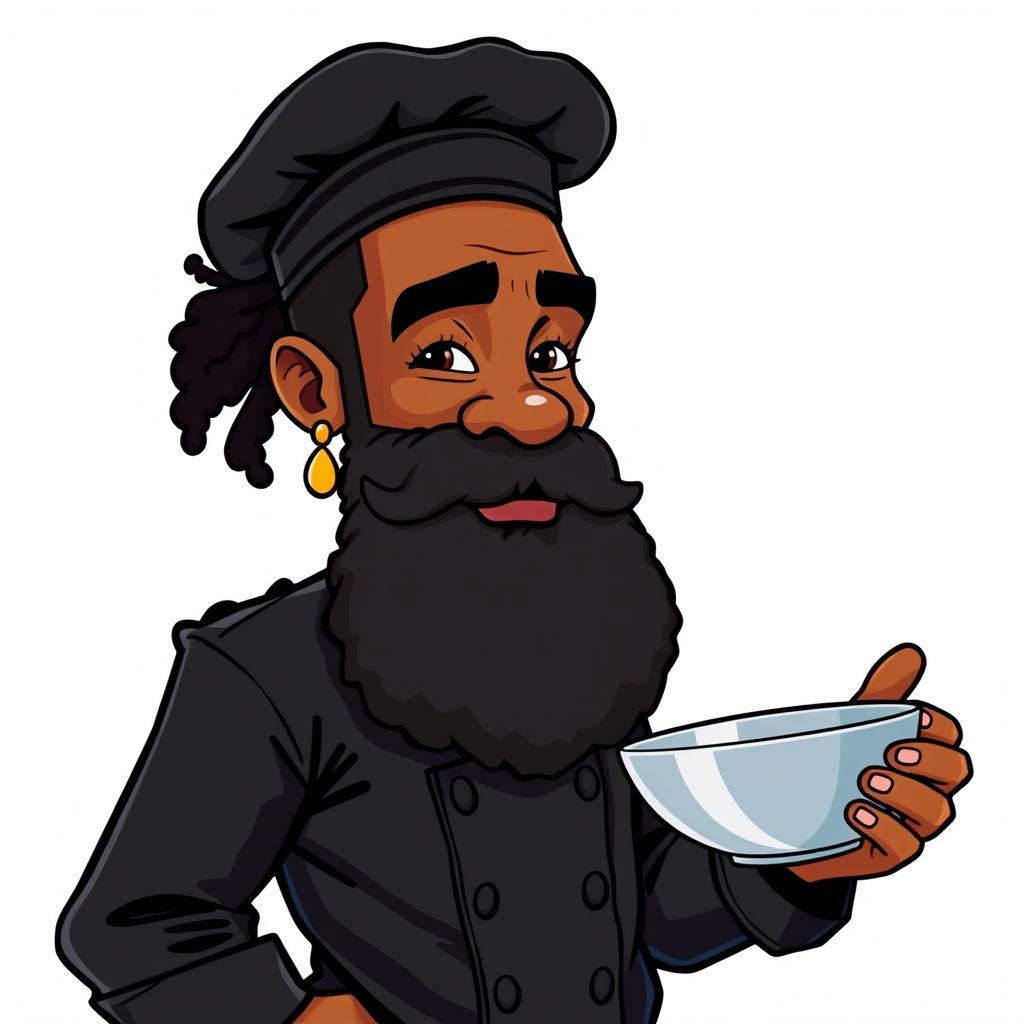 A highly detailed 2D cartoon character of an Afro American male chef with a long curly beard and an earring