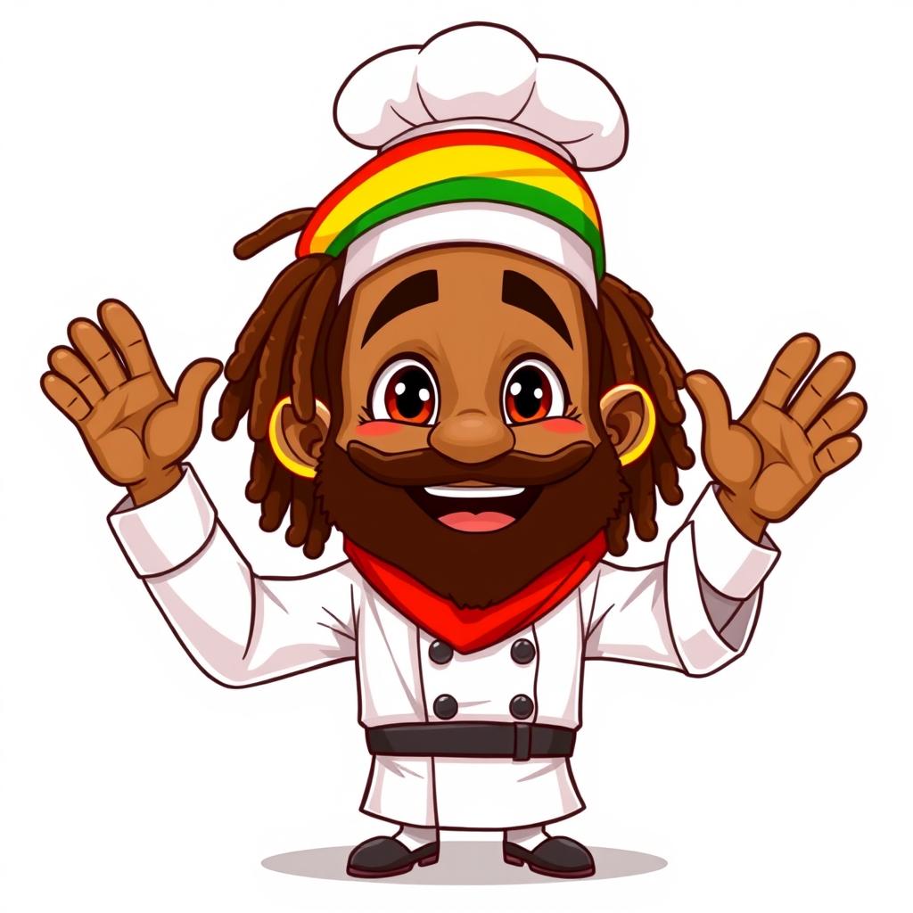 A highly detailed, kid-friendly 2D cartoon character of a Rasta African American chef, without a beard, dressed in a crisp white chef's suit and a classic chef's hat