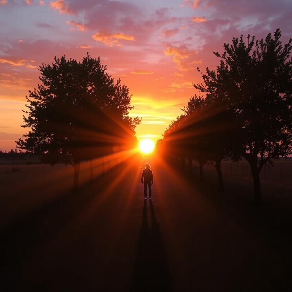 A sunlit path bathed in the warm glow of sunset, symbolizing the journey of life, featuring a silhouette of a person gazing forward