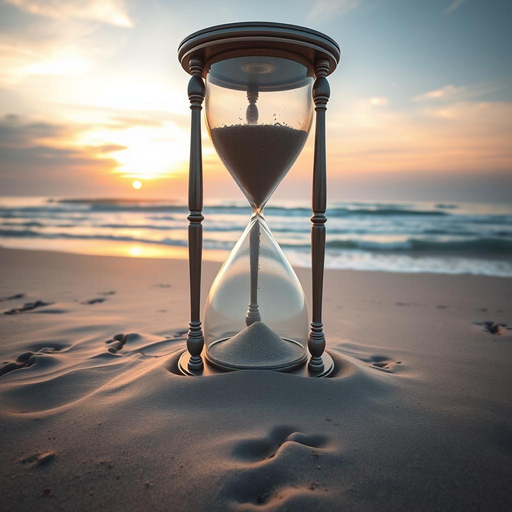 A giant hourglass on a sandy beach, with grains of sand falling slowly through the narrow neck, symbolizing the passage of time and the importance of making the most of it
