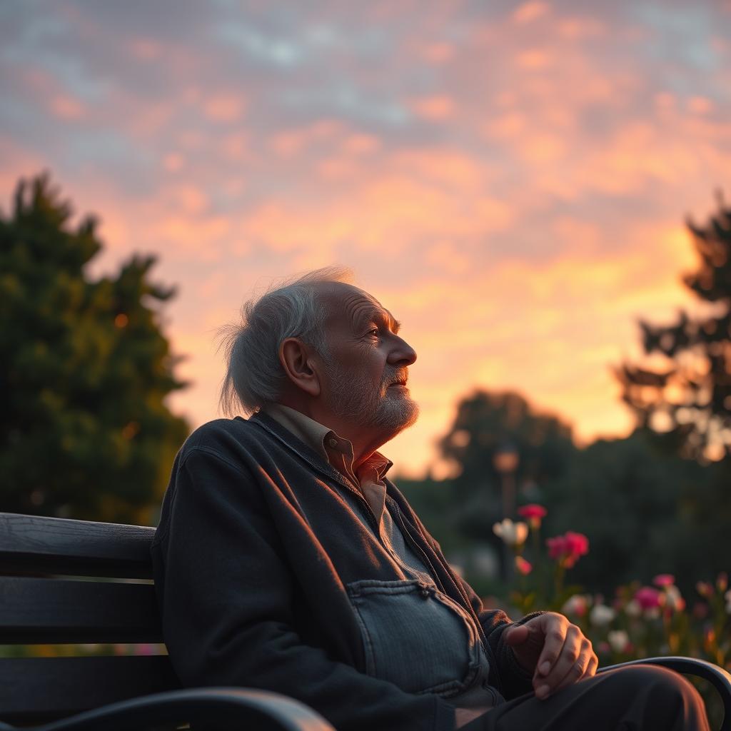 An elderly man sitting on a park bench, gazing into the horizon, reflecting on his life with a nostalgic and inspiring demeanor
