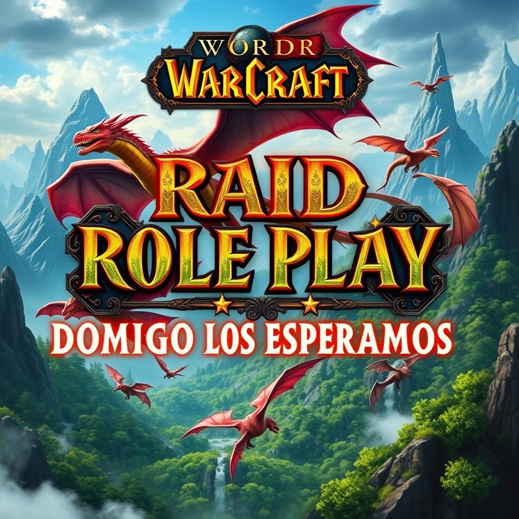 A vibrant and dynamic banner in the style of Warcraft Dragonflight, featuring majestic dragons soaring through a fantastical landscape