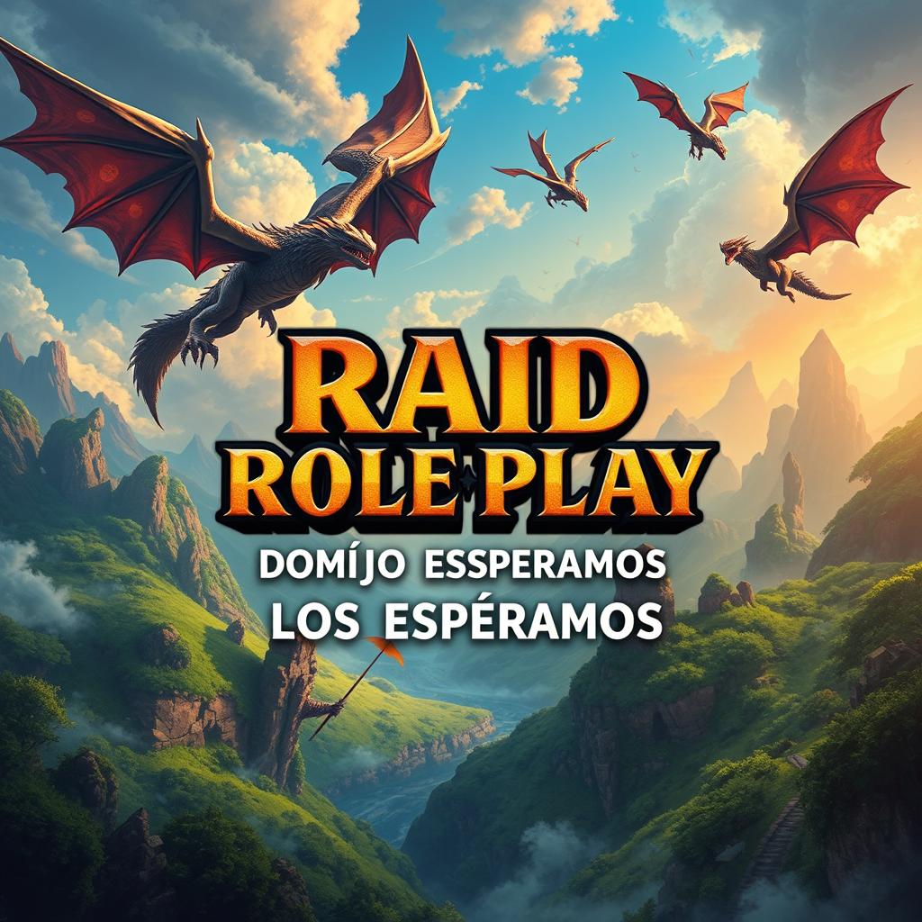 A dynamic and engaging banner design inspired by the Warcraft Dragonflight aesthetic, featuring a vivid fantasy landscape filled with dragons soaring in the sky, lush greenery, and a mystical atmosphere