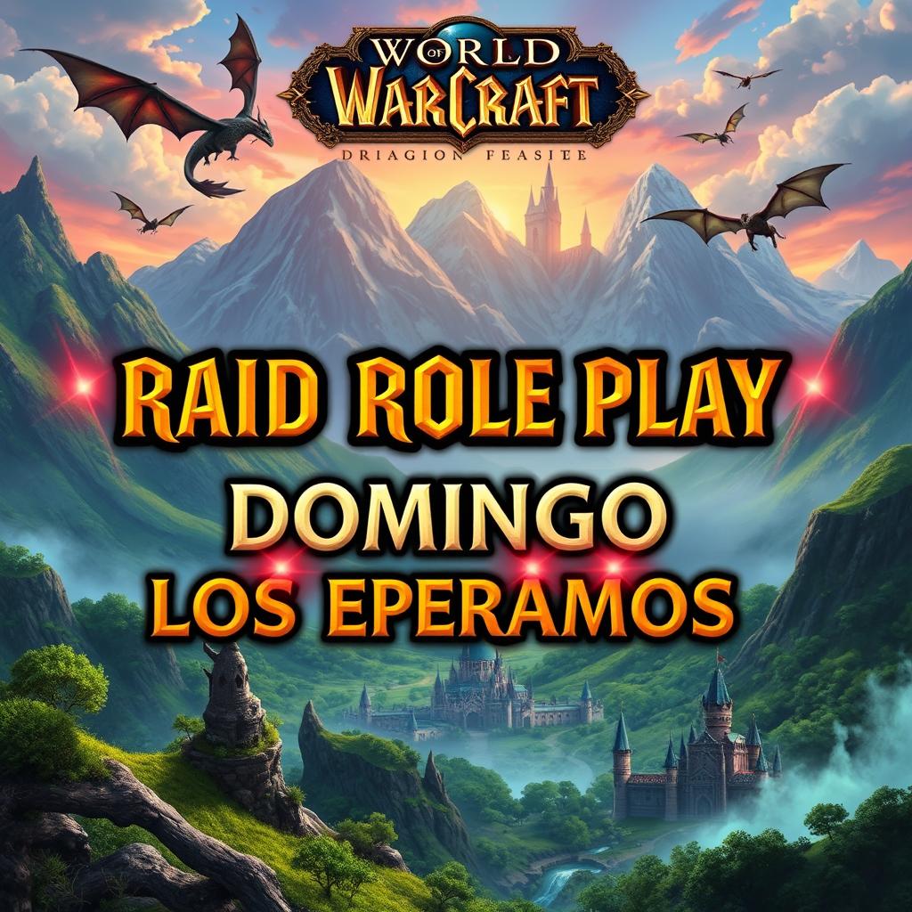 An exciting banner in the style of World of Warcraft: Dragonflight, featuring vibrant mythical landscapes with lush greenery, majestic mountains, and fantasy castles in the background