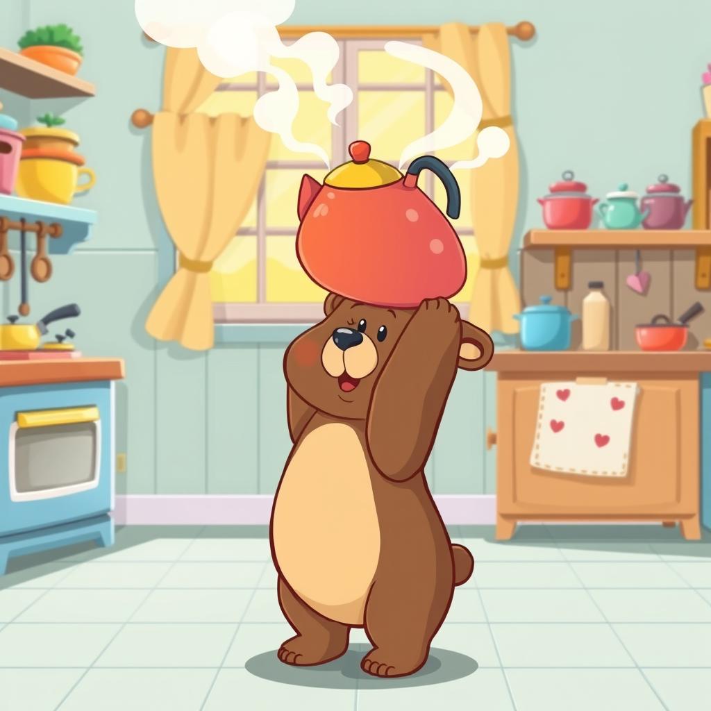 In a whimsical cartoon style, a small bear tiptoes on its hind legs, reaching up towards a steaming kettle in a cozy kitchen
