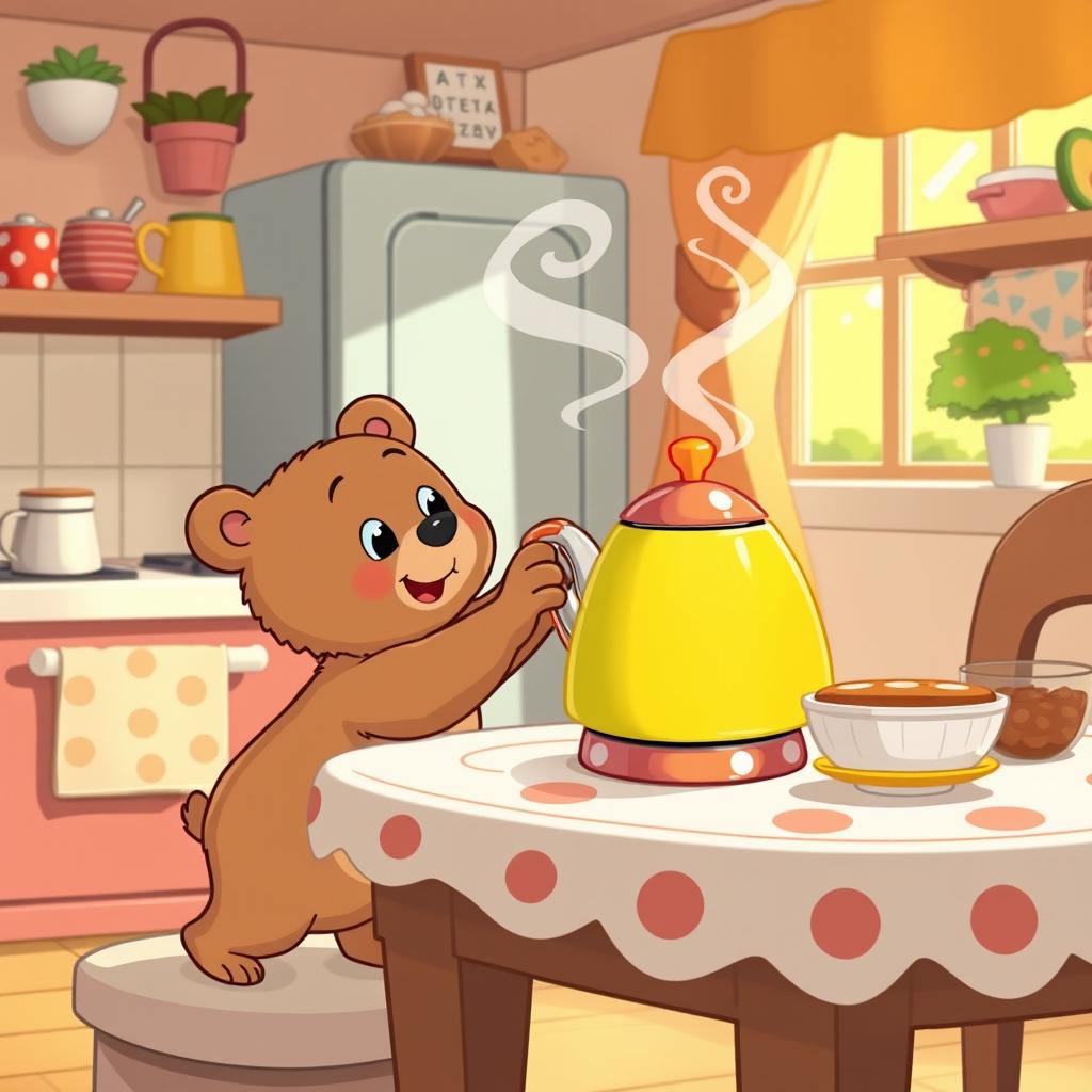 In a delightful cartoon style, a small bear is tiptoeing and reaching for a kettle on a table in a kitchen