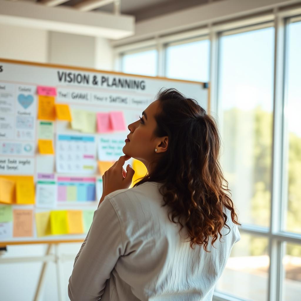 A person standing in front of a goal-setting and planning board, symbolizing vision and strategy