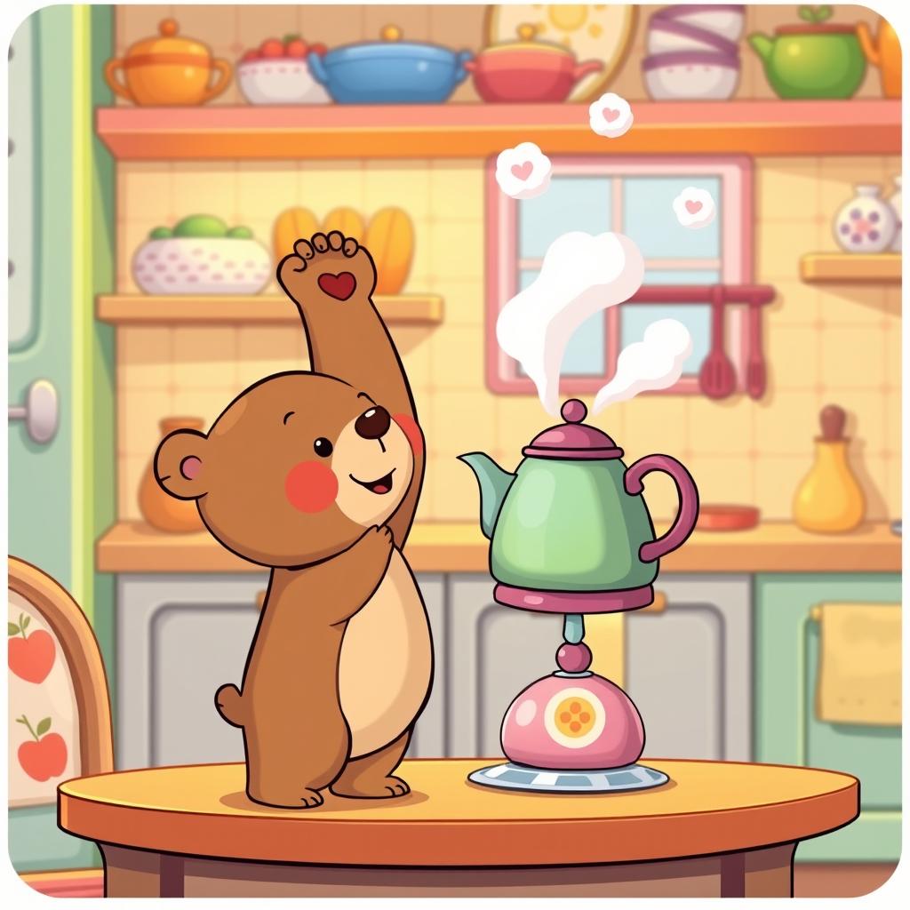 In a charming cartoon style, a small bear is on its tiptoes, reaching up with a paw to grab a colorful kettle sitting on a table in a kitchen