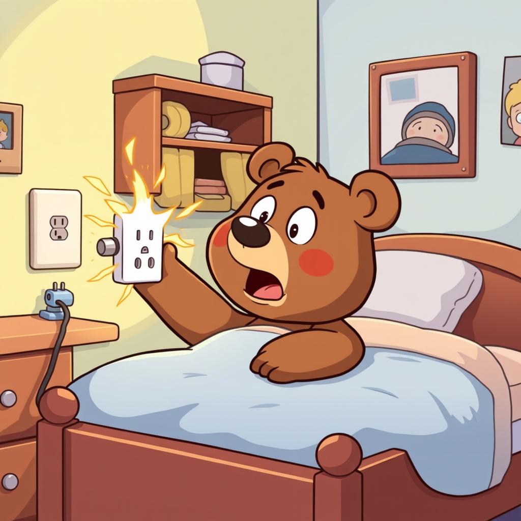 In a cozy bedroom, a cute bear is reaching out with its paw toward an electrical outlet, which is sparking dangerously