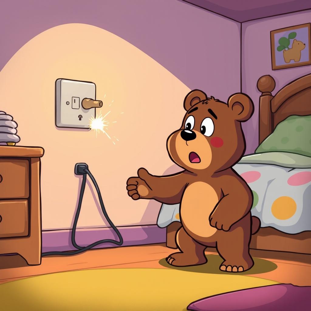 In a cozy bedroom, a cute bear is standing on the floor, reaching out its paw toward an electrical outlet that is sparking with small sparks