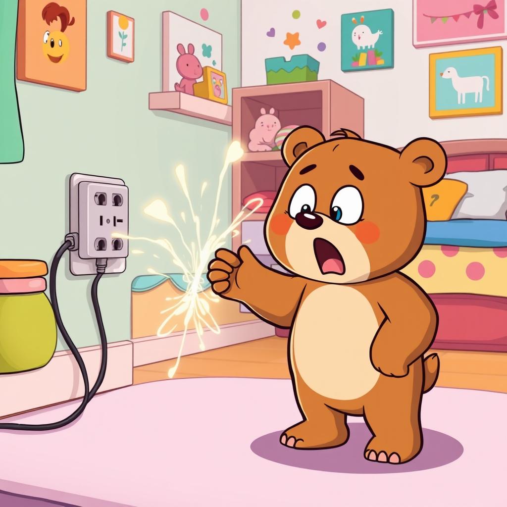 In a vibrant cartoon style, a small bear stands on the floor of a cozy bedroom, reaching out with its paw towards an electrical outlet