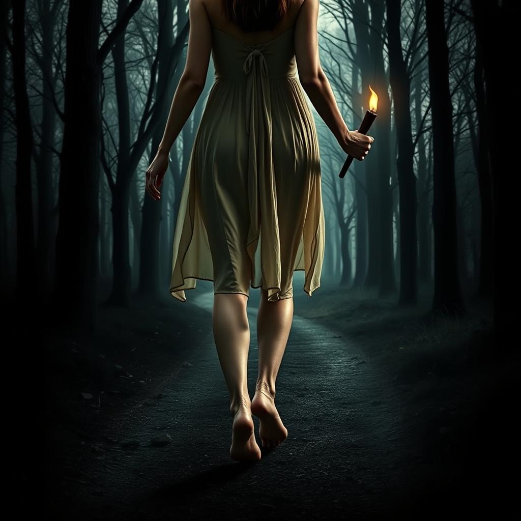 A movie release poster featuring a close-up of a woman dressed in a semi-translucent sleeveless dress, seen from behind as she walks barefoot along a winding path in a dark, eerie forest